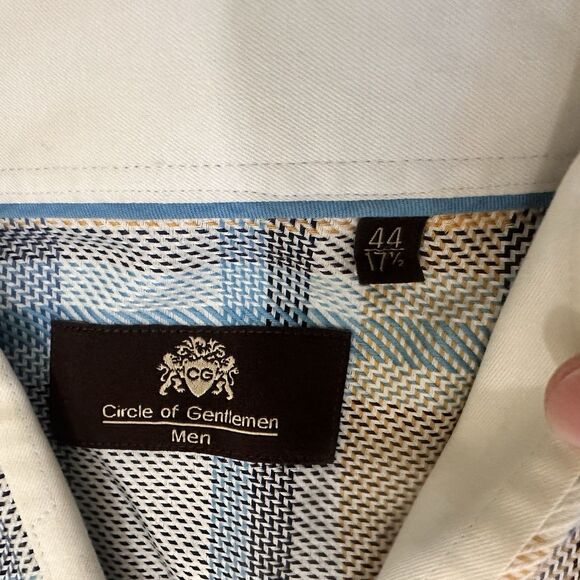 CIRCLE OF GENTLEMEN REGULAR FIT 100% COTTON SHIRT BLUE BEIGE PLAID 44 X 17.5 - Picture 11 of 11